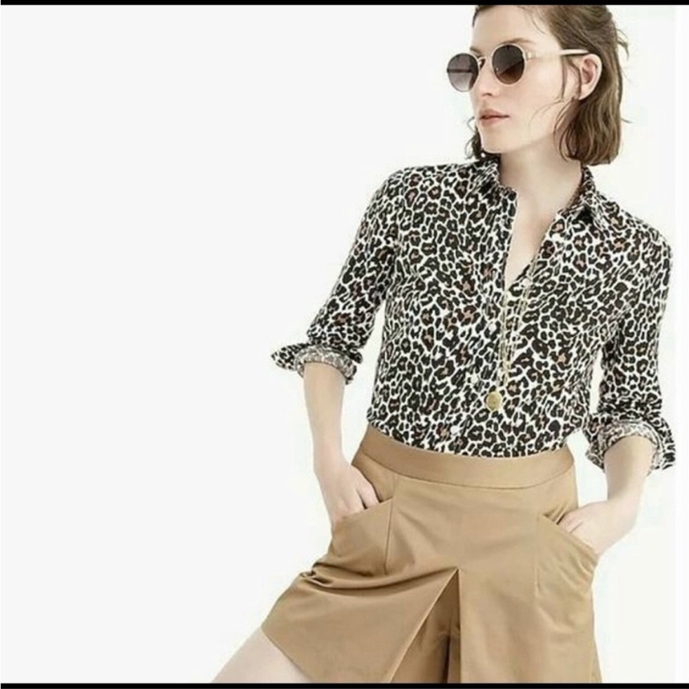 J.Crew Leopard Print Button Up Shirt Linen Blend Animal Print Slim Fit